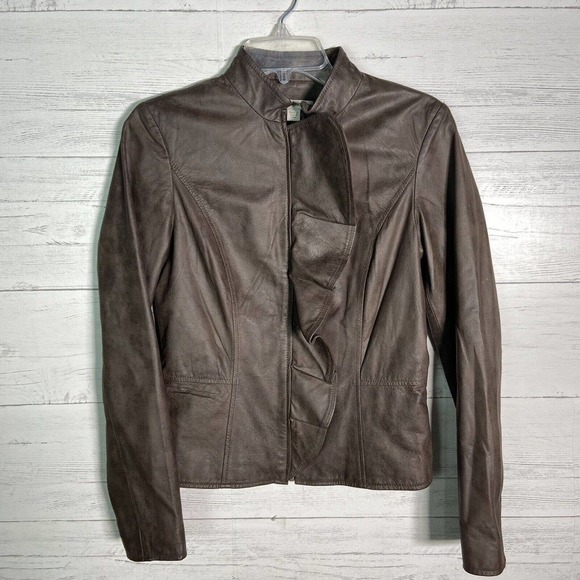 NEW Boston Proper Brown Leather Zip Jacket - Picture 1 of 6